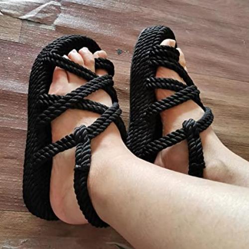 Sandales d'été en paille pour femmes, corde, maille, croisées, Base plate, plage, décontractées, légères, cool, Design multi-élégant, tendance, luxe, haute qualité, bohème, ethnique, naturel, chaussures de dame 202